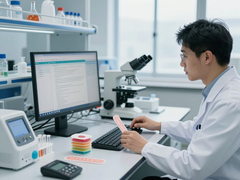 BPC 157 Benefits illustrated through a scientist's research on buccal strip technology in a modern lab.