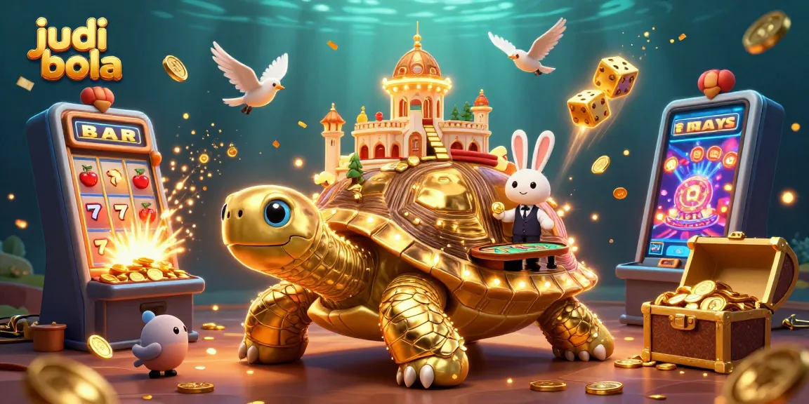 Experience thrilling judi bola action with a golden tortoise casino in this vibrant illustration.
