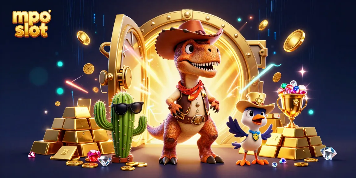 Engage in mpo slot excitement with cartoon characters amidst overflowing treasure, vibrant gambling action.