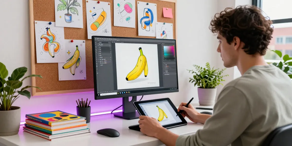 Designer using nano banana 2 AI image editor at a vibrant digital art workstation.