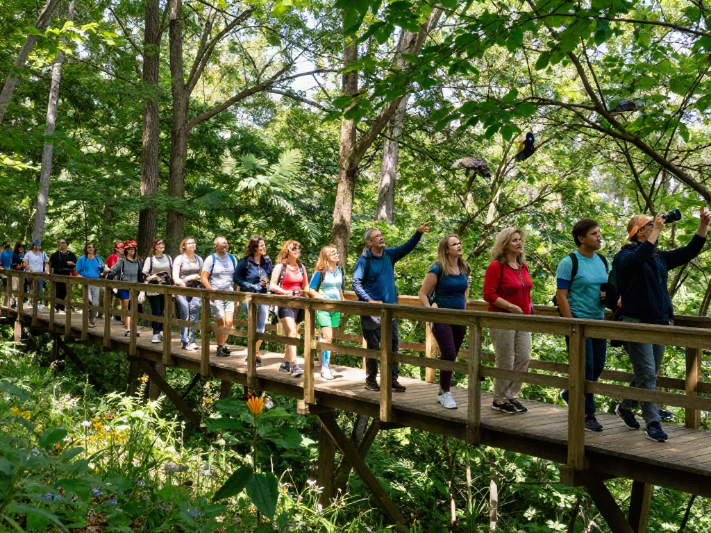 Treetop Walkway experience showing diverse visitors enjoying nature and breathtaking views above the forest canopy.