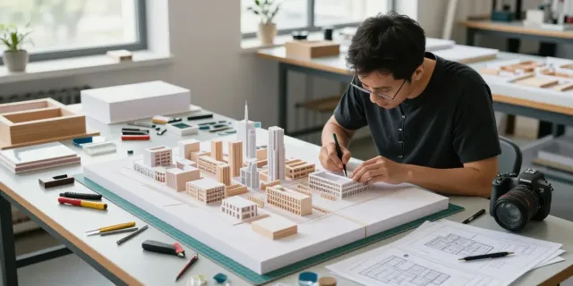 Architectural model maker Luxembourg assembling a detailed city planning model in a modern workshop