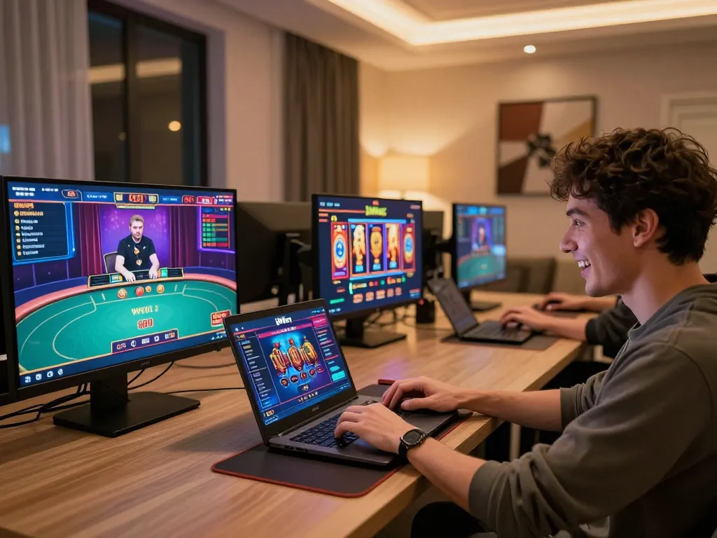 iWin player engaging in online casino games with vibrant colors and modern gaming setup.