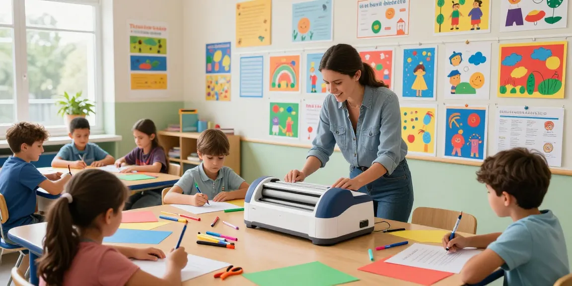 Students utilizing a Poster Making Machine to create vibrant educational posters in a bright classroom.