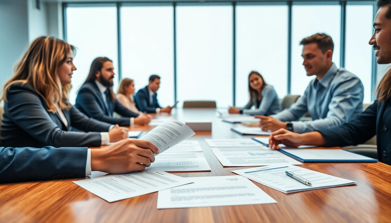 Team discussing contracts and grants at a professional business meeting.