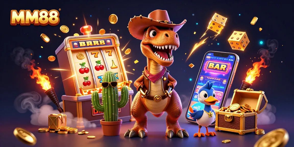 Experience the excitement of MM88 with a T-Rex, cactus, and roadrunner enjoying a casino jackpot scene.