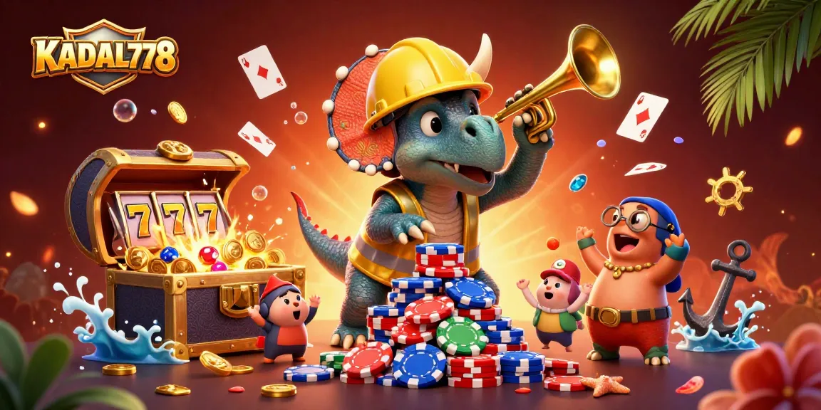 KADAL778 celebrates winning with a fun dinosaur casino scene filled with poker chips and slot reels.