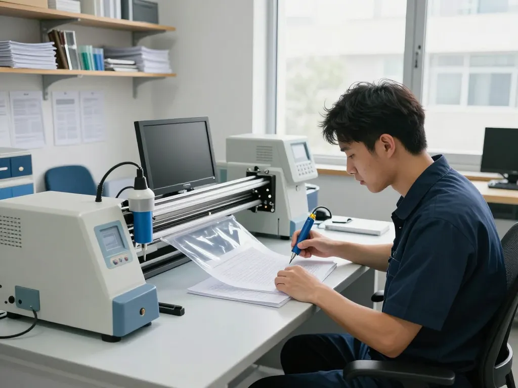 Dịch vụ bóc ép plastic specialist carefully restoring documents with advanced equipment in a professional workspace