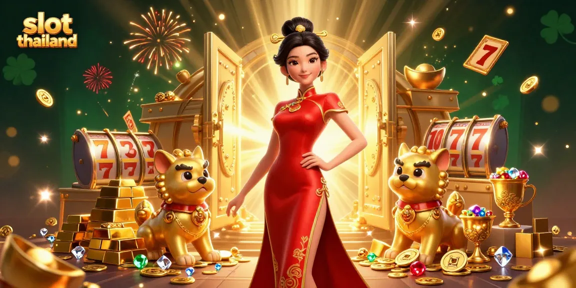 Experience thrilling gameplay in slot thailand with a glamorous character amidst treasures and colorful fireworks.