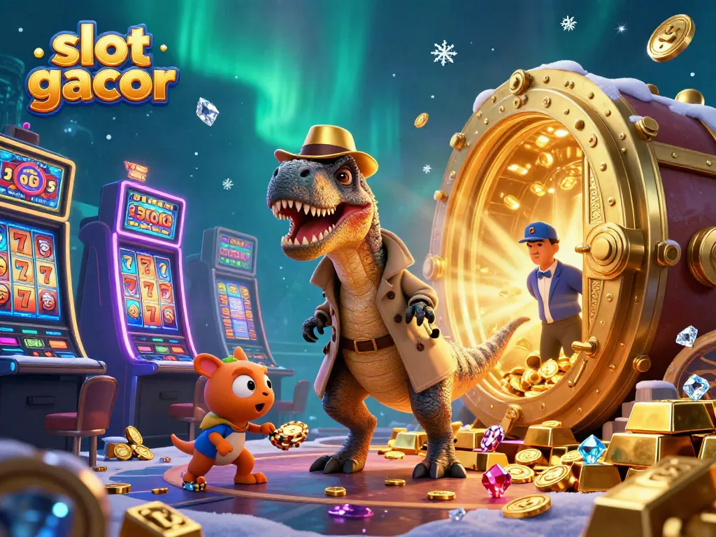 Experience the excitement of slot gacor with cartoon dinosaur characters at a colorful casino table.