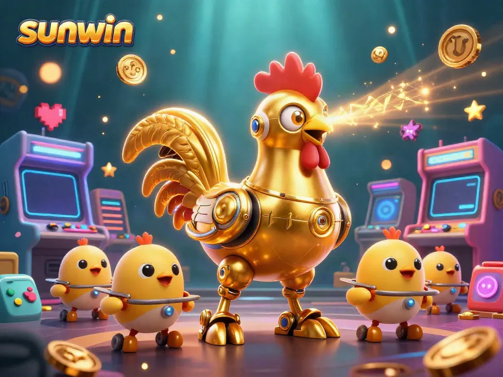 Experience the thrill of playing at sunwin, where a golden rooster robot and baby chick drones create an electric gaming atmosphere.