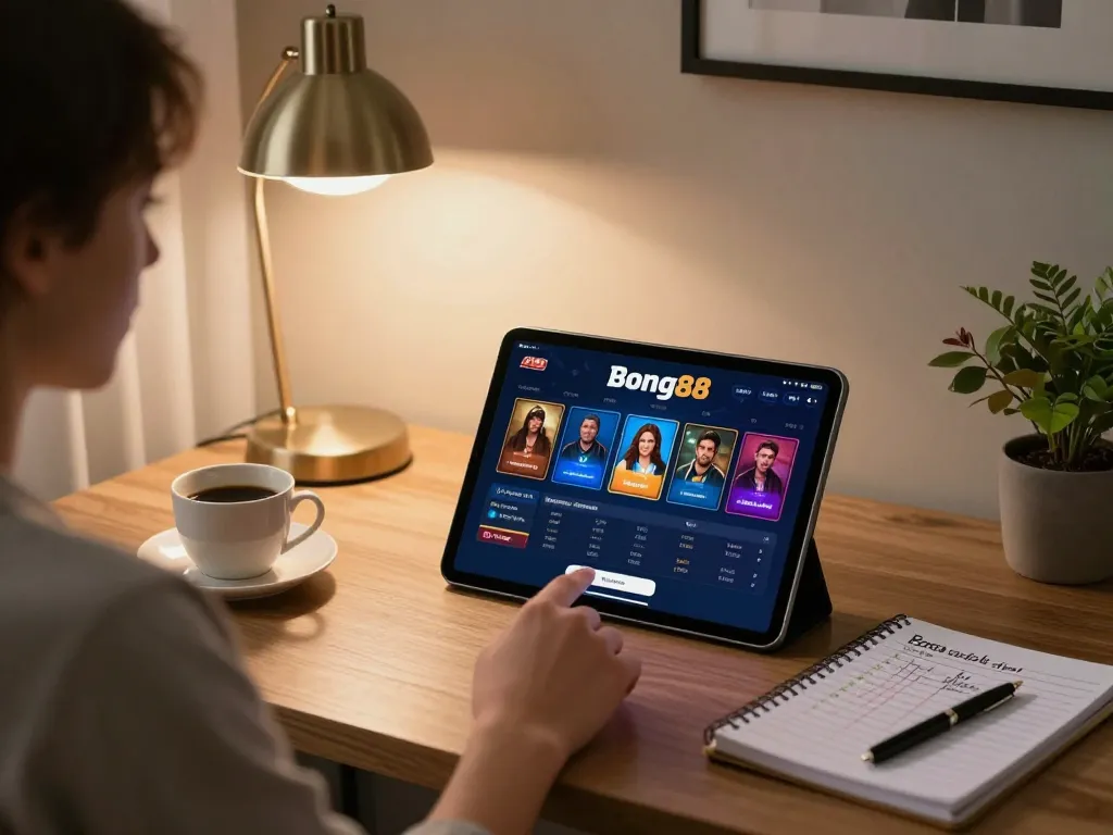Bong88 user engaging with online gambling platform in a cozy home office.