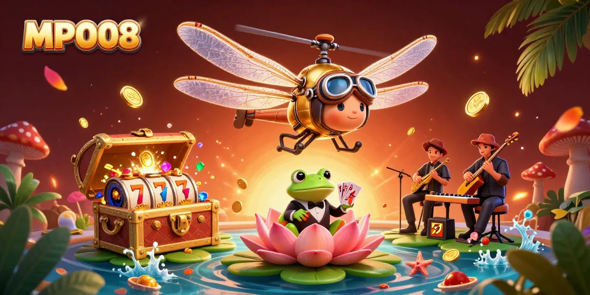 MPO08 engages players with a vibrant 3D casino scene filled with interactive elements and characters.