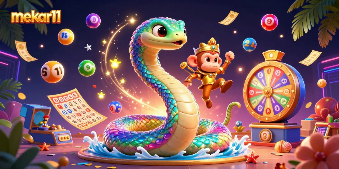 Mekar11 showcases a vibrant 3D scene filled with lottery elements and a rainbow serpent, bringing excitement to online gaming.