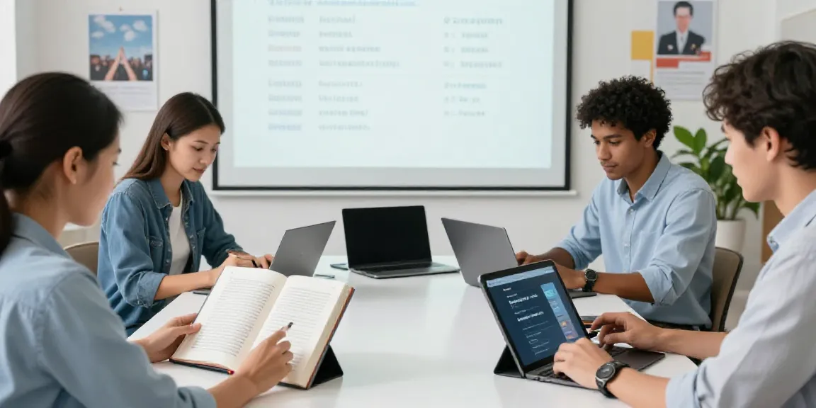 Interactive online English learning session with diverse participants using digital devices.