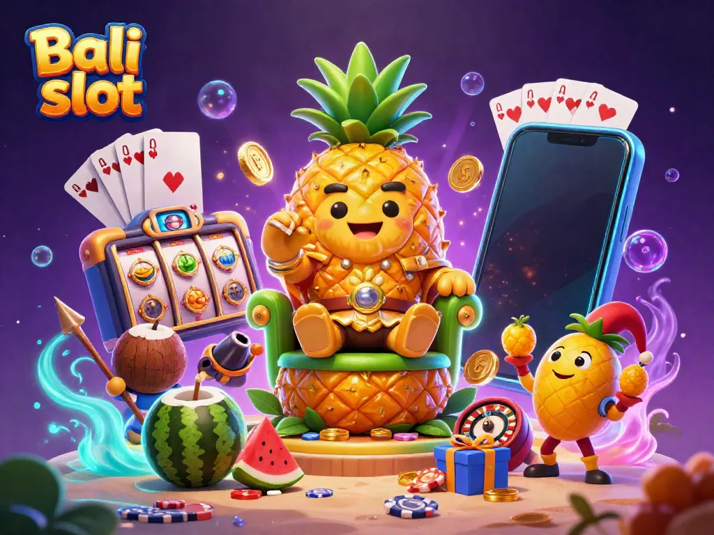 Bali slot scene with a golden pineapple king, vibrant casino elements and a tropical beach theme.