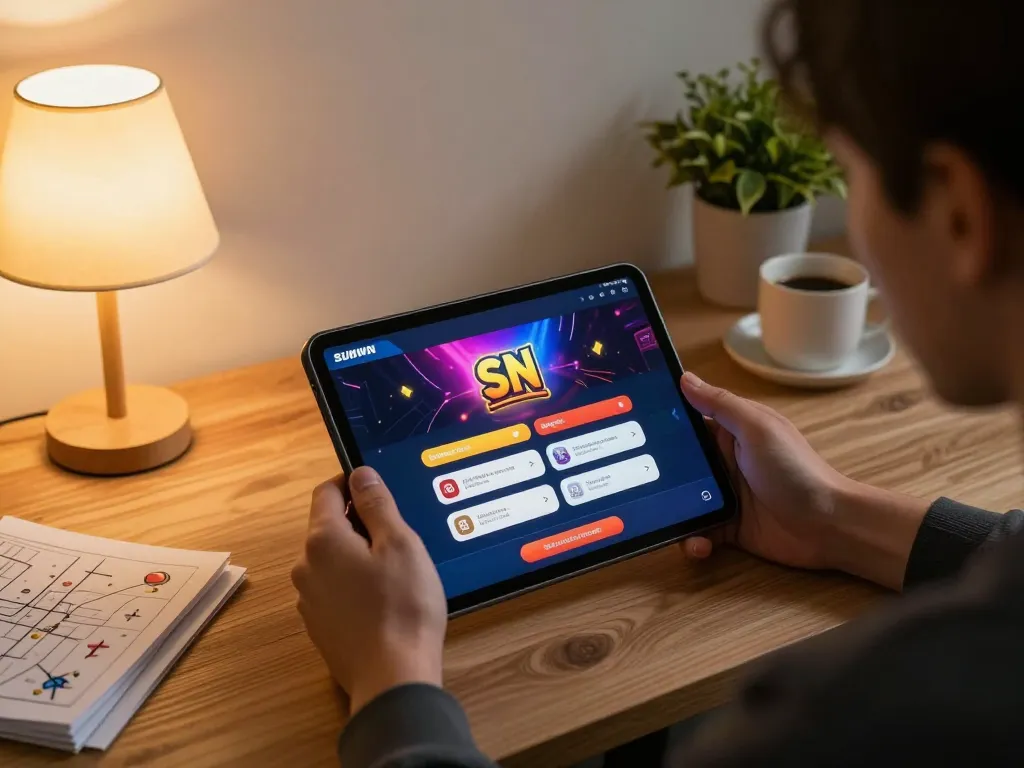 Engaged player using Sunwin app on tablet for online gambling strategy, cozy home setting.