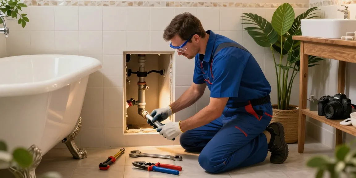 Sandy emergency plumber inspecting a burst pipe in a cozy bathroom setting