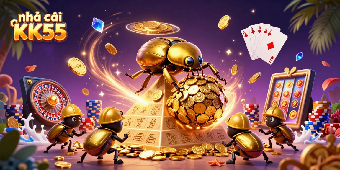 Experience the excitement at nhà cái KK55 with golden coins cascading around a vibrant casino scene.