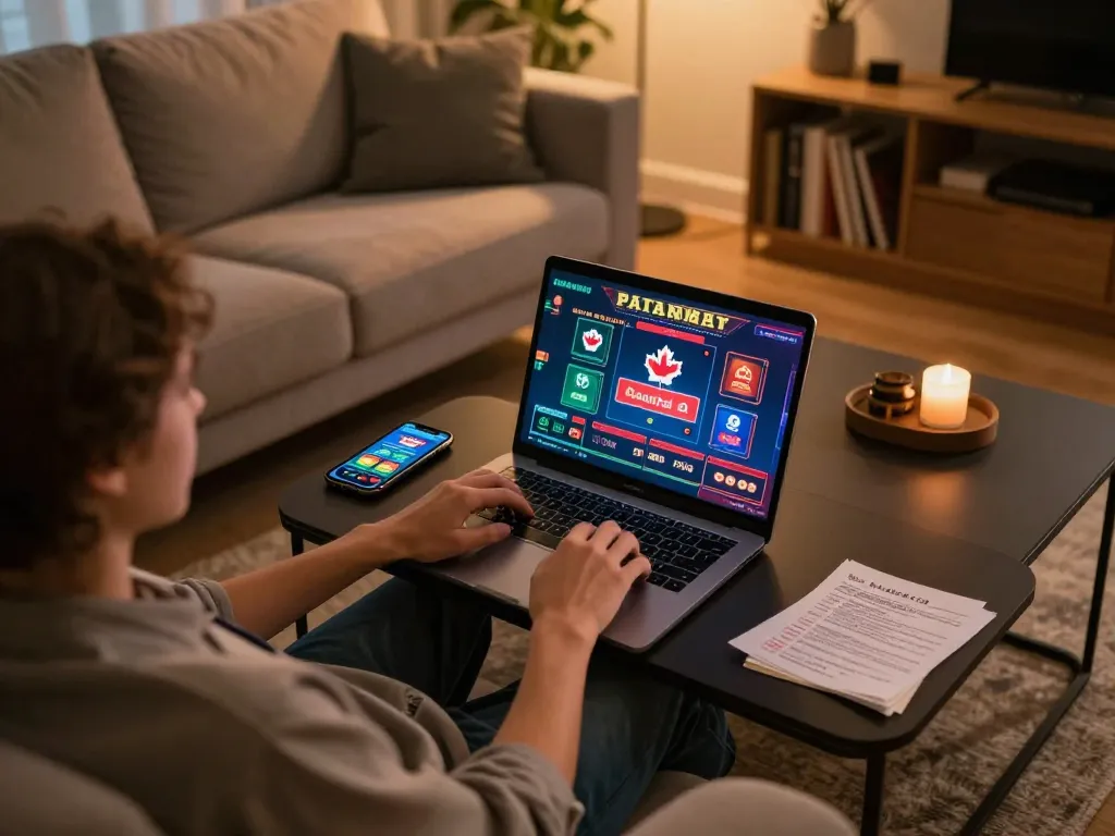 Engaging in online casinos in Canada with a cozy home setup, player on laptop analyzing games.