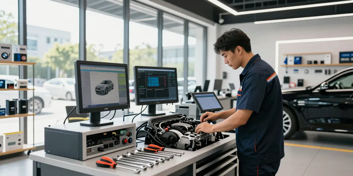 Professionelle BMW werkstatt Hannover mit erfahrenem Techniker bei Motorinspektion.