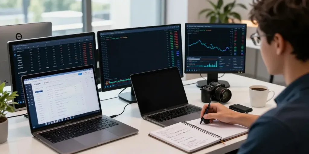 Professional trading workspace showcasing 東証 Level 2 データ on monitors, reflecting active cryptocurrency trading with multiple devices and a focus on innovation.