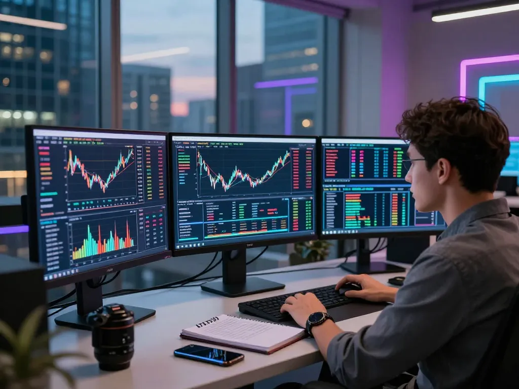 Focused analysis of automated crypto income data in a modern urban office environment with multiple trading screens.