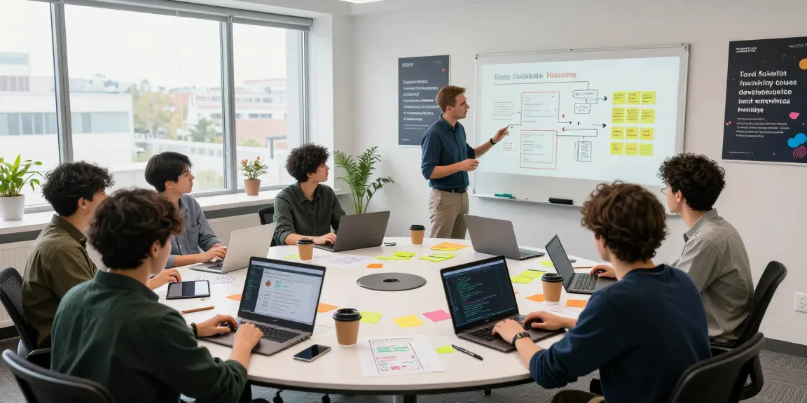 Kotlin app development training in a collaborative learning space with developers coding, instructor teaching, and modern classroom setup.
