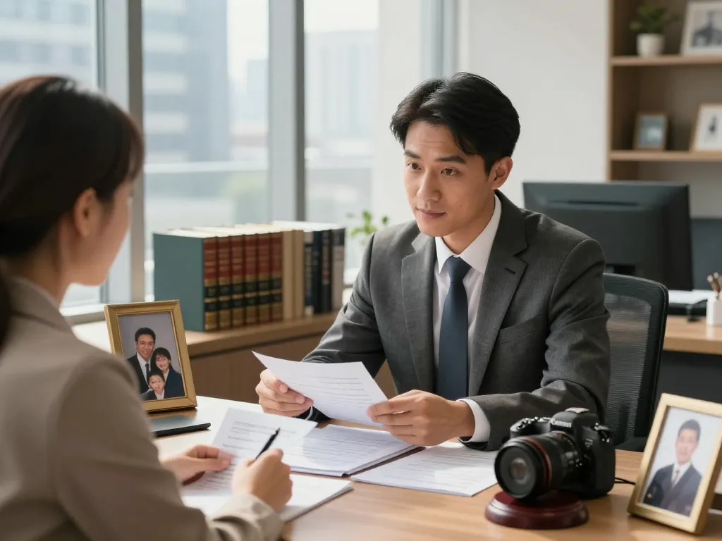 Consultation with an Alexandria Personal Injury Lawyer in a modern office setting, showcasing legal documents and empathy.