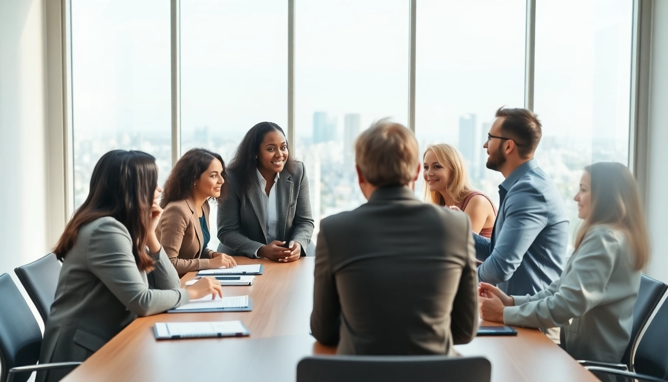 Mediation session with diverse participants at a conference table, promoting constructive dialogue.
