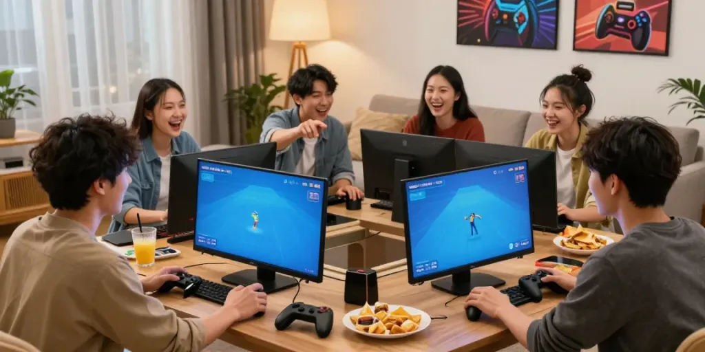 Friends enjoying ROKOK88 link game offline in a cozy living room.