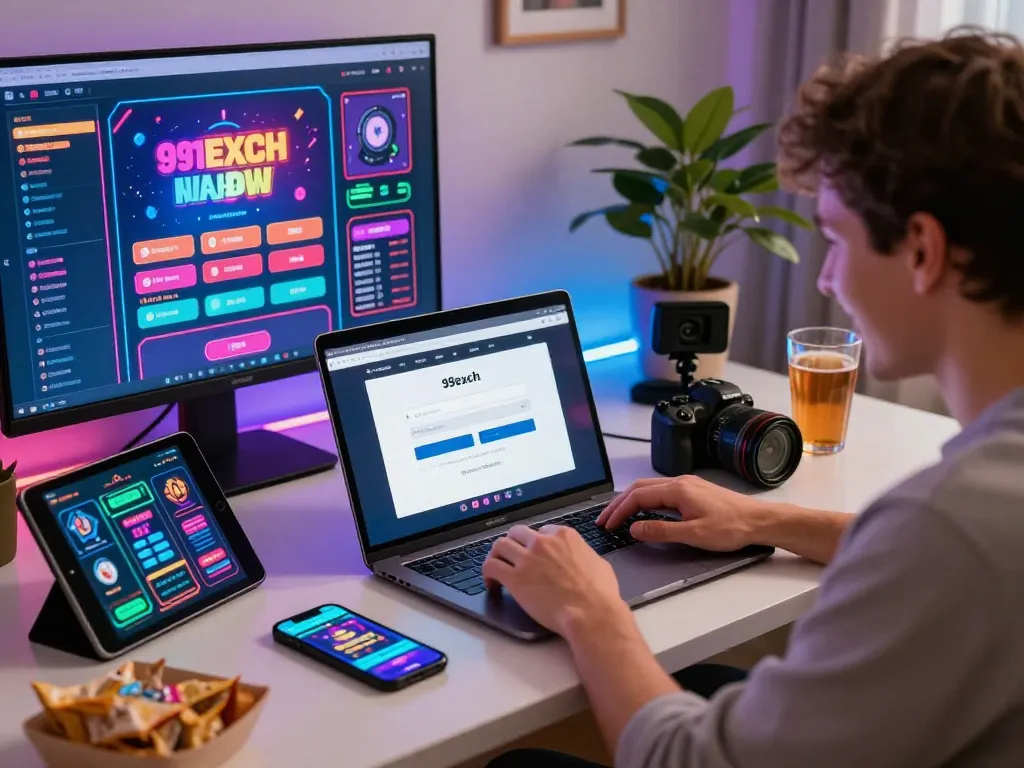 Engaging user at 99exch login page, vibrant home betting setup with gaming devices and snacks.