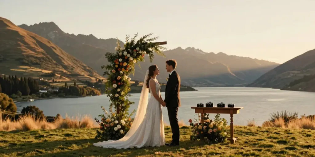 Dunedin wedding photographer captures couple’s intimate moment during sunset ceremony in Otago.
