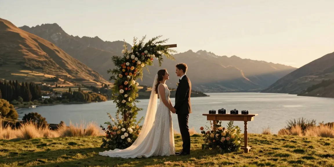 Dunedin wedding photographer captures couple’s intimate moment during sunset ceremony in Otago.
