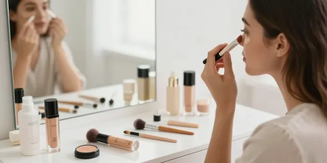Augenringe abdecken mit Concealer in stilvollem Make-up-Bereich.