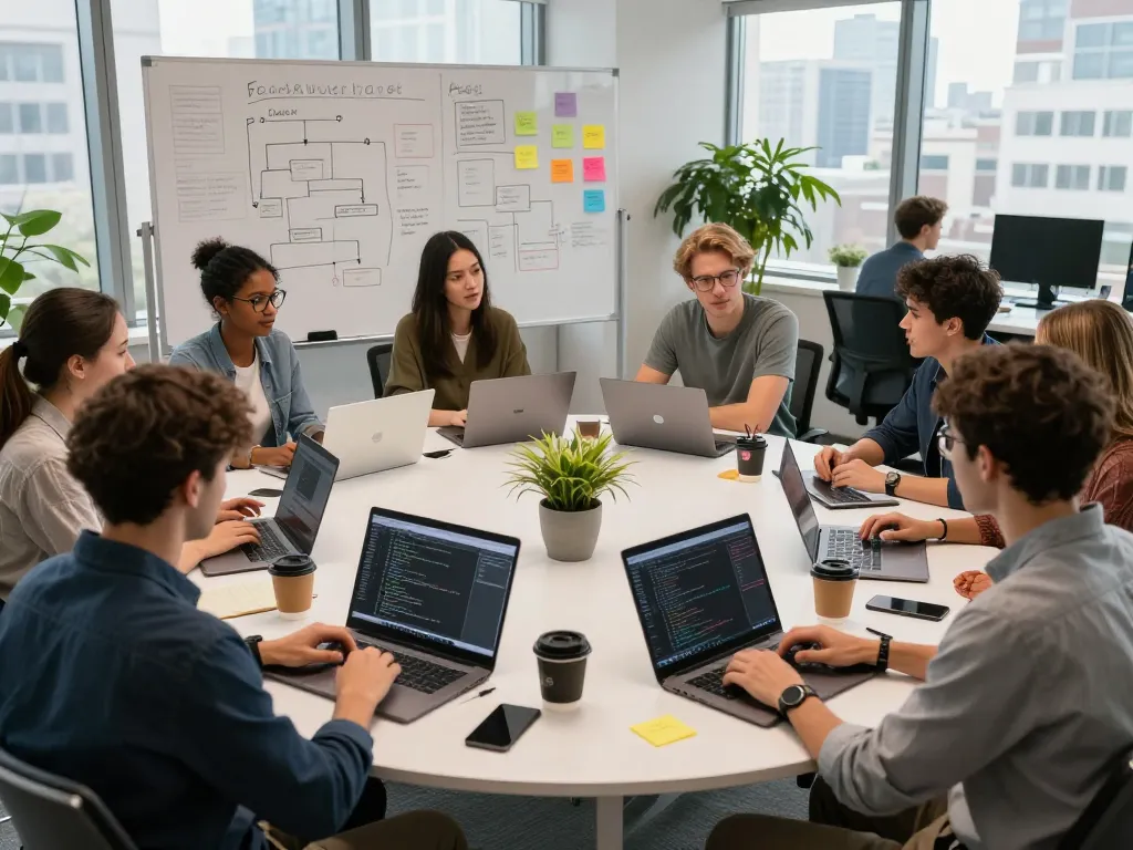 Developers collaborating on a software project with Moltbot integration, showcasing a dynamic workspace.
