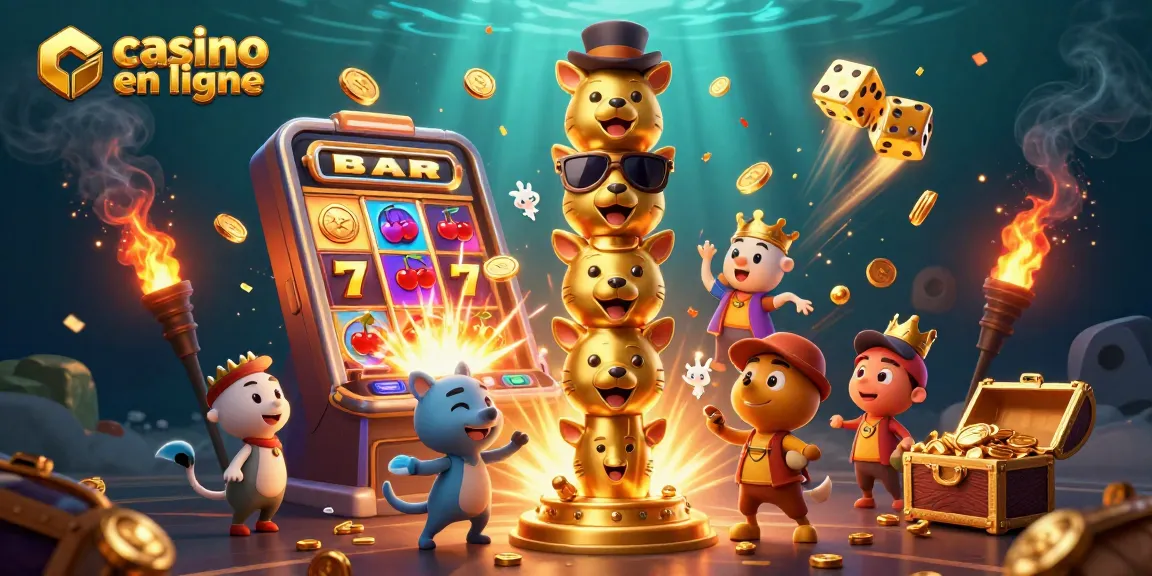 Plongez dans le monde captivant du casino en ligne avec un totem doré entouré de jeux, machines à sous et trésors