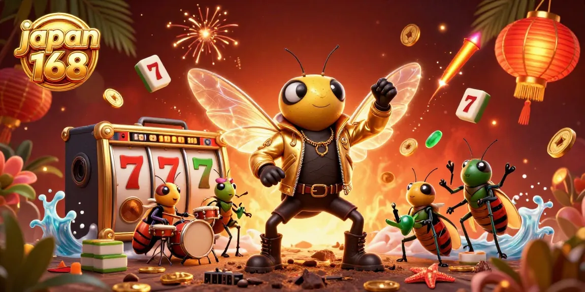 Engage with Japan168's exciting gaming environment through a vibrant scene featuring a dynamic rock star and lively casino elements.