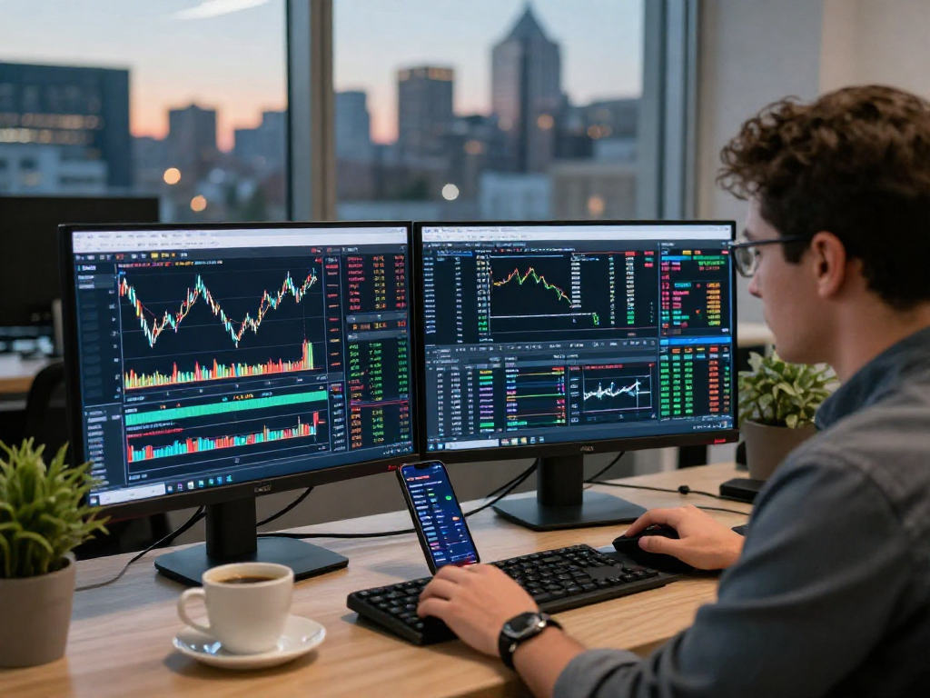交易者在多设备环境中使用metatrader 5进行分析，显示市场深度和图表工具。