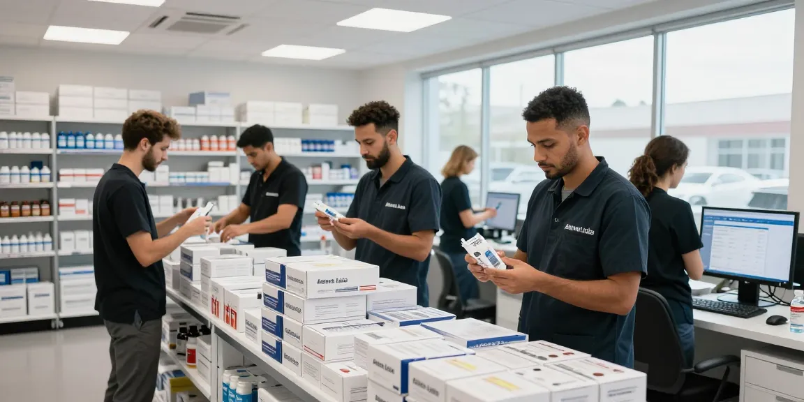 Astera Shop showcasing a modern e-commerce warehouse with professional staff handling steroid products.
