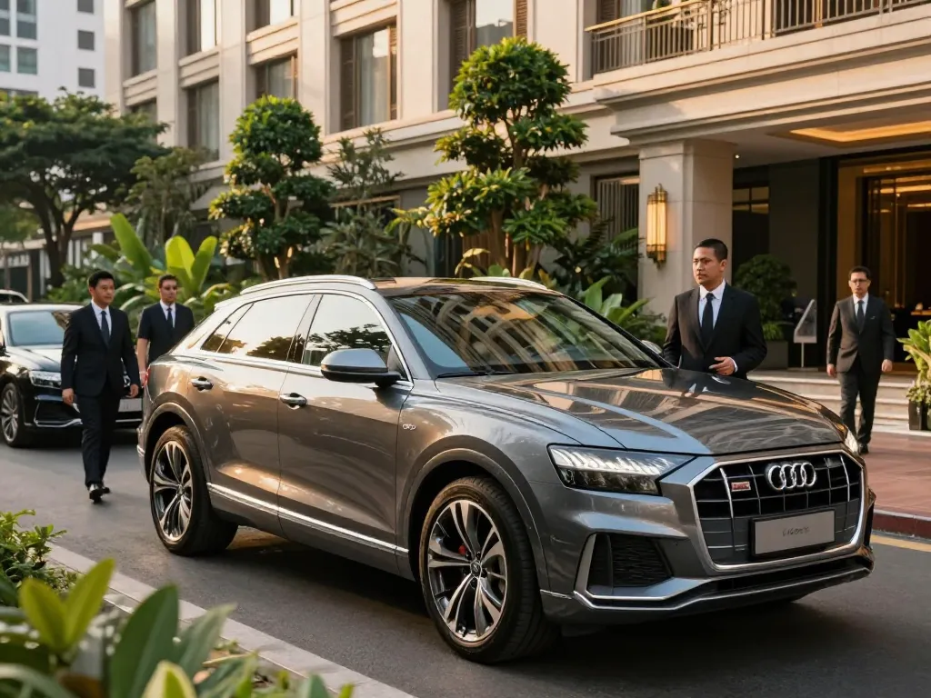 cho thuê xe ô tô hạng sang với Audi Q8 trước một khách sạn sang trọng tại Thành phố Hồ Chí Minh