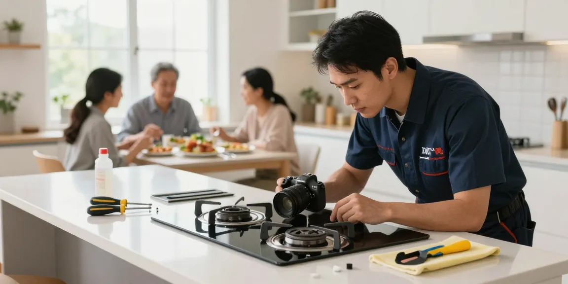 Expert technician performing stove & cooktop repair in a well-lit kitchen.