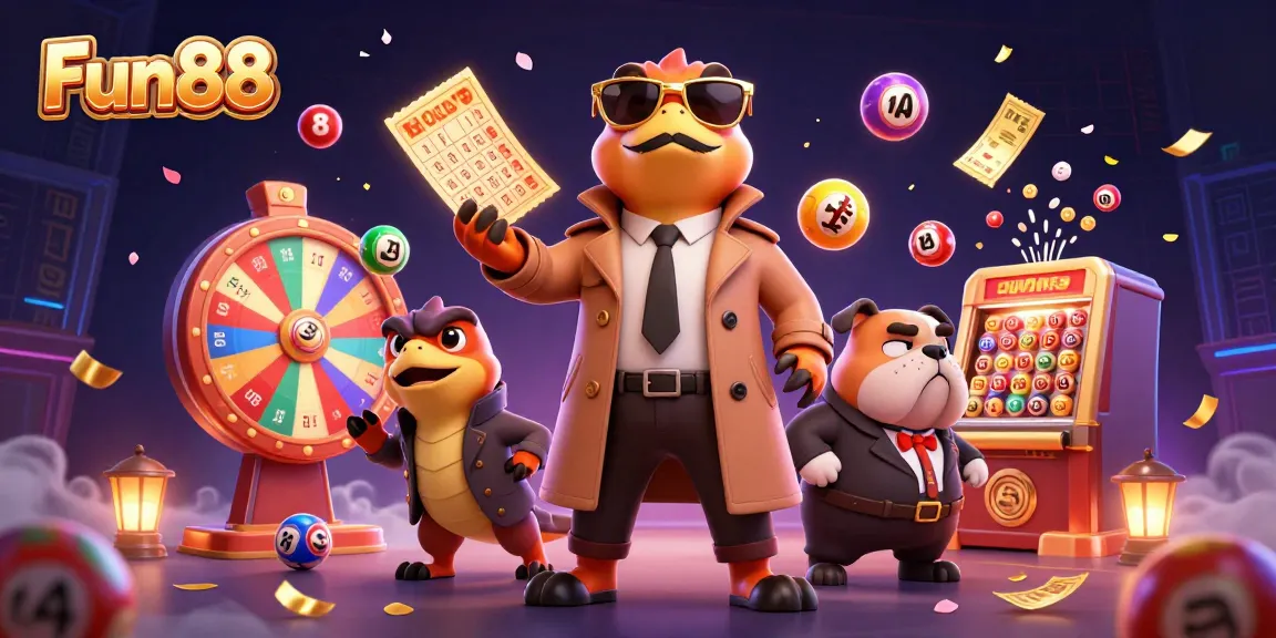 Engage with Fun88's vibrant lottery scene featuring animated raptors and dynamic winnings.