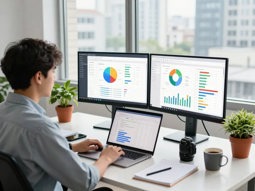 Digital marketer using group buy seo tools on dual monitors in a modern workspace.