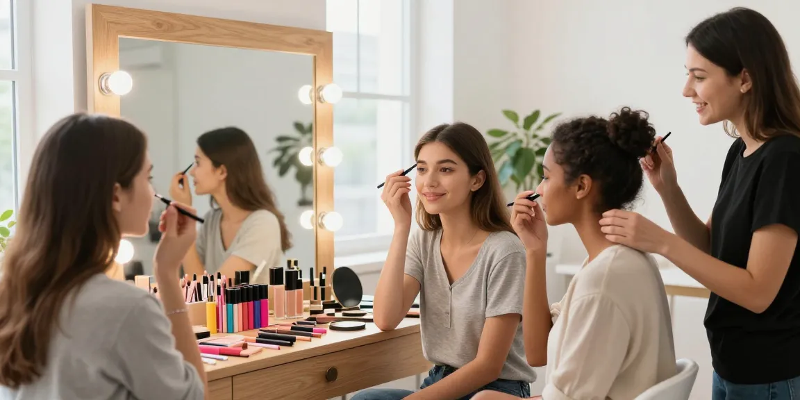 Woman applying eyebrow pen in a bright makeup studio setting.