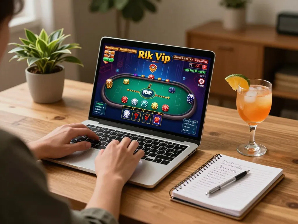 Player engaging with rik vip on laptop, enjoying online casino game in cozy home setting.