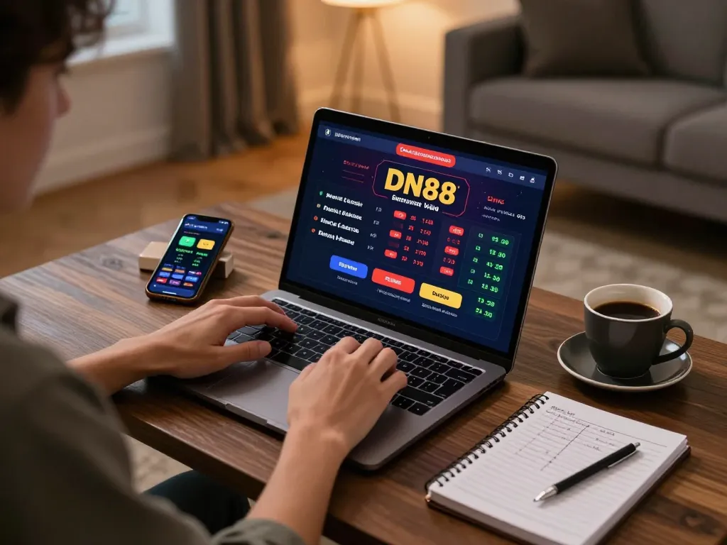 Player accessing DN88 casino app on laptop, showcasing responsible gaming and strategic betting.