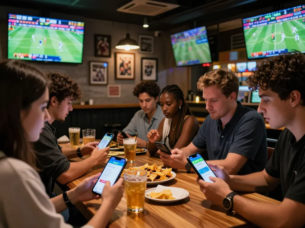 Patrons placing bets on sports via link mm88 at a lively sports bar with multiple screens.