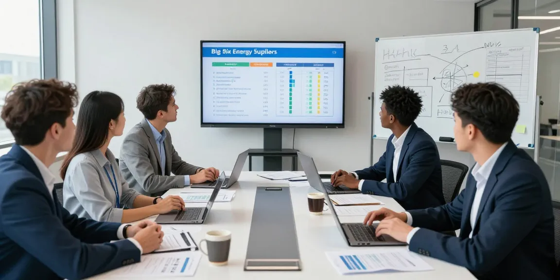 Team meeting discussing big six energy suppliers in a modern office with charts and laptops.