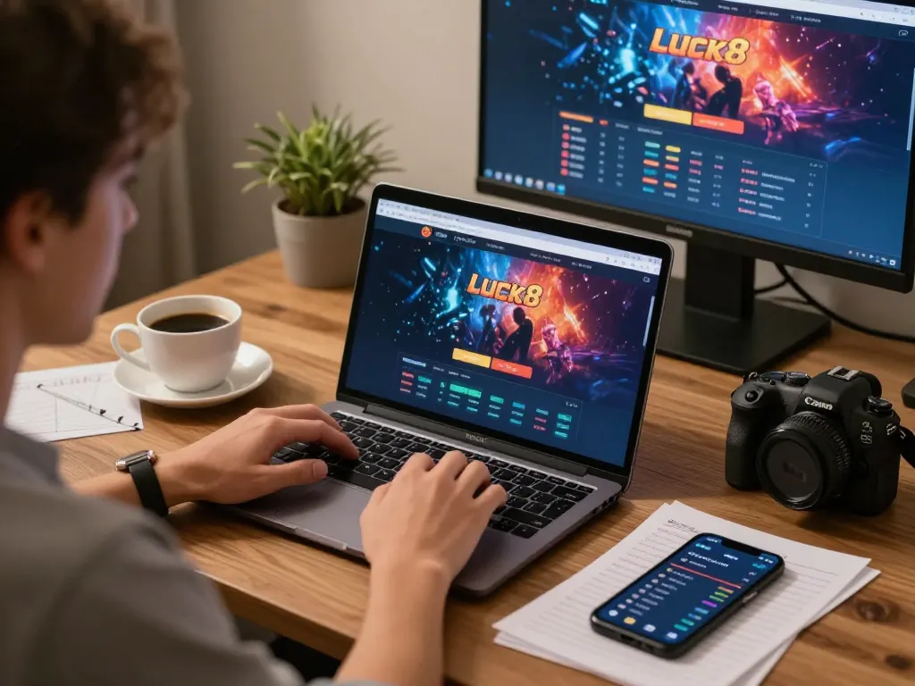Engaged user managing bankroll on luck8 online casino from cozy home setup.